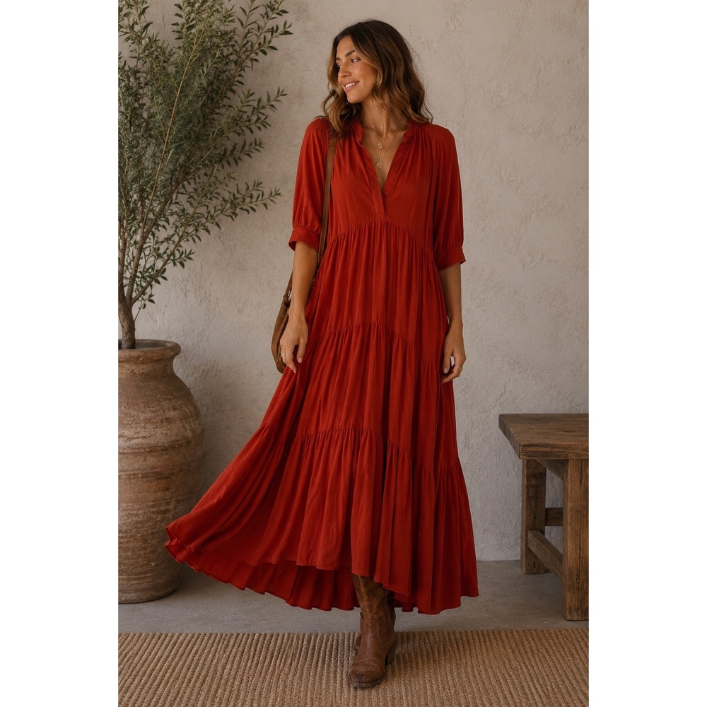 A Loves A Rust Orange Tiered Maxi Dress Boho V-Neck Elbow Sleeve Large